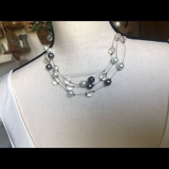Floating beads on wire clear, gray, white, 16 1/2 in. necklace - Picture 5 of 11
